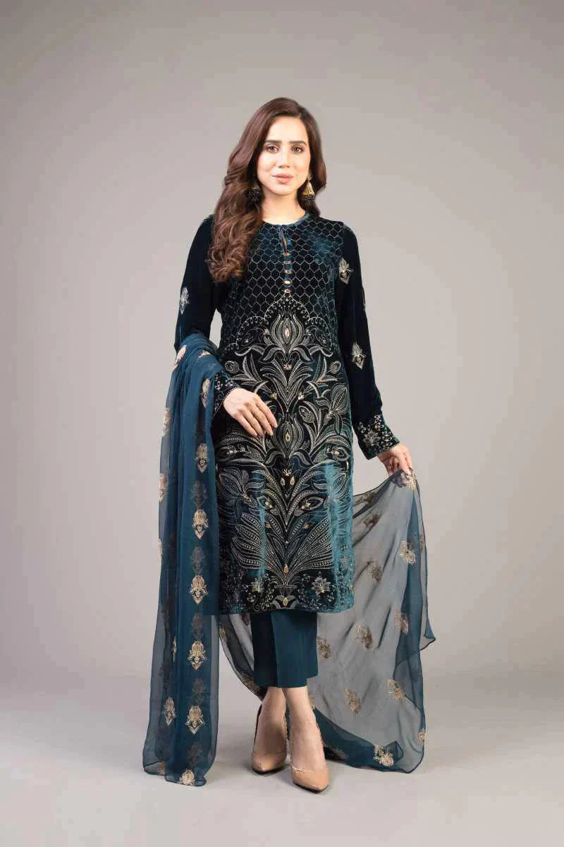 (Open Parcel Before Payment) Bareeze 3PC Lawn Front Full Embroidered Back Bazo Embroidered Bember Dupatta