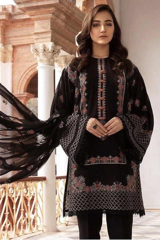 (Open Parcel Before Payment) Bareeze 3PC Lawn Front Full Embroidered Back Bazo Embroidered Bember Dupatta